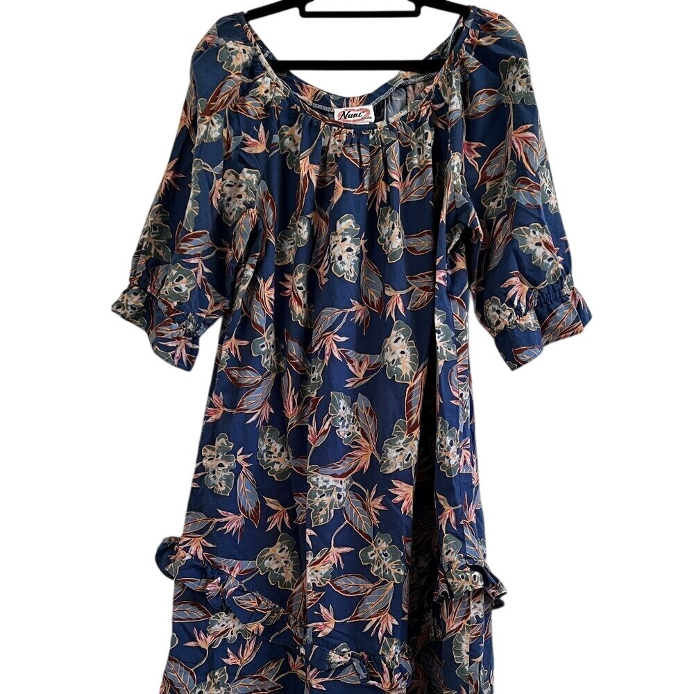 Nani Hawaii Vintage Muumuu Dress Blue Tropical Floral Ruffle Tiered Midi Womens